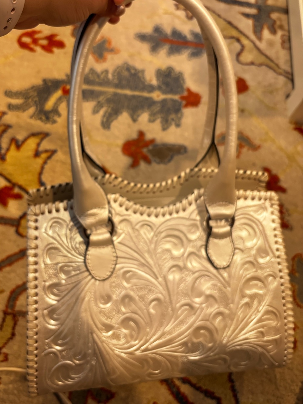 Alejandro Yeo handmade cowhide leather Embossed Floral detail Handbag NWOT